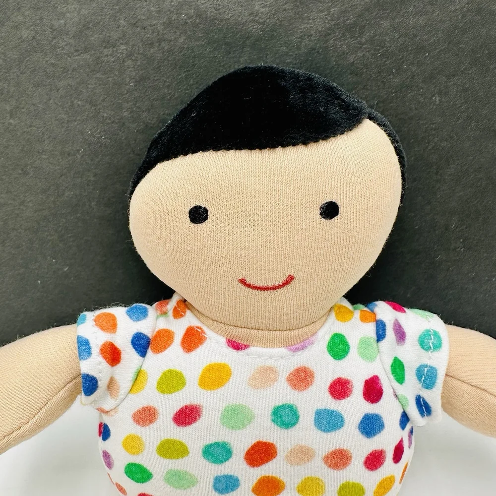 LOVEVERY 100% Organic Cotton Doll Plush Black Hair Fair Skin Polka Dot Outfit - Picture 2 of 6